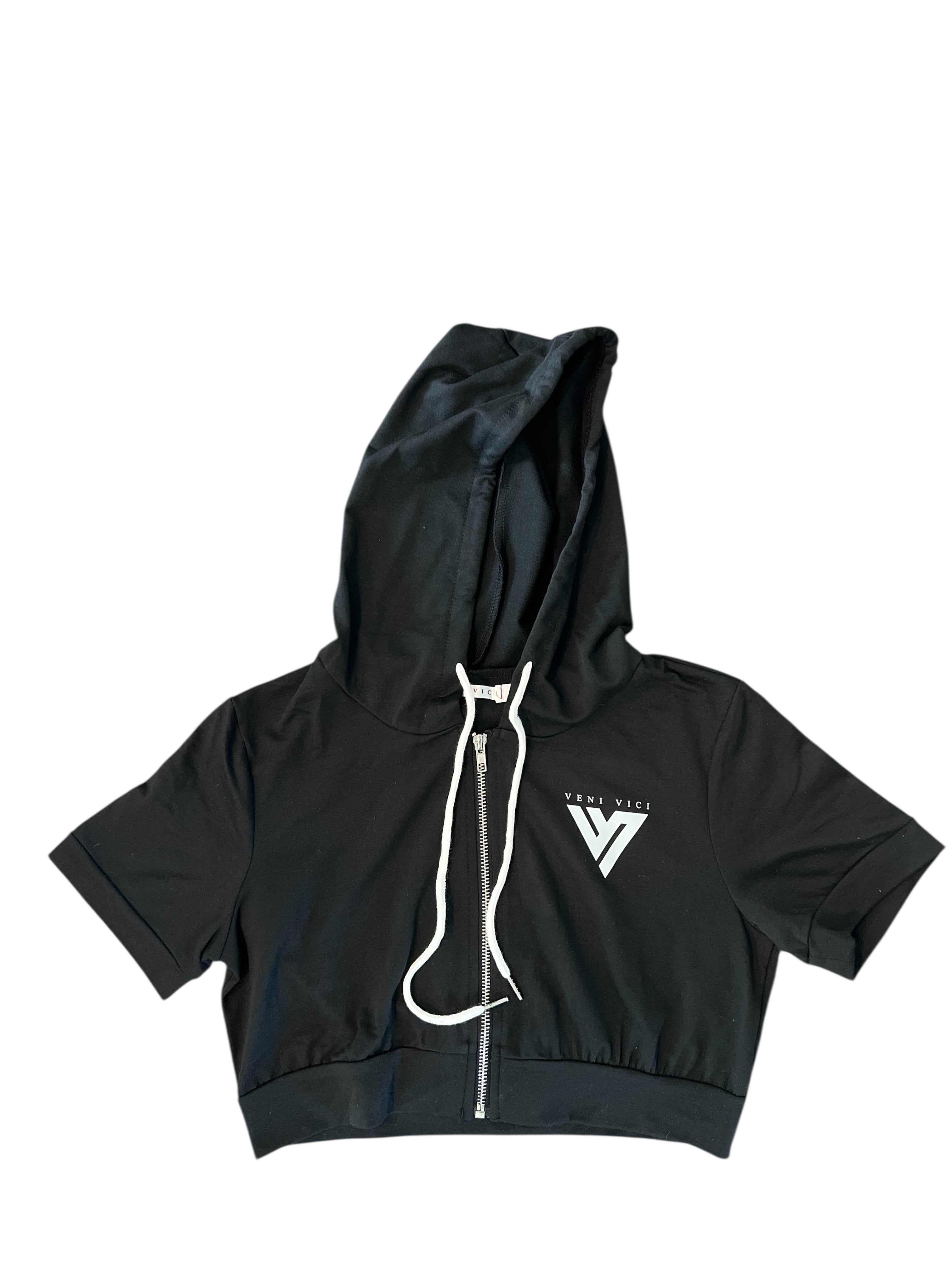 Veni Vici black cropped zip-up hoodie and high-waisted shorts